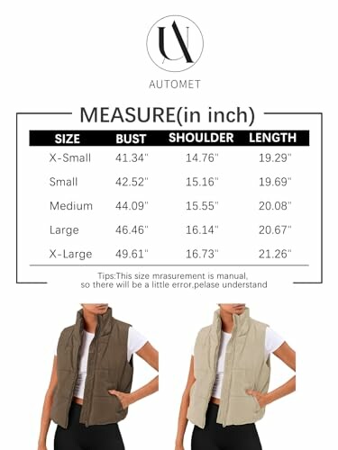 Automet vest size chart with measurements for bust, shoulder, and length.