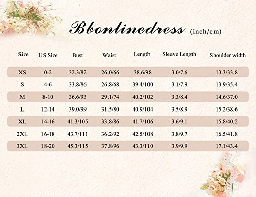 Size chart for Bbontinedress with measurements in inches and centimeters.