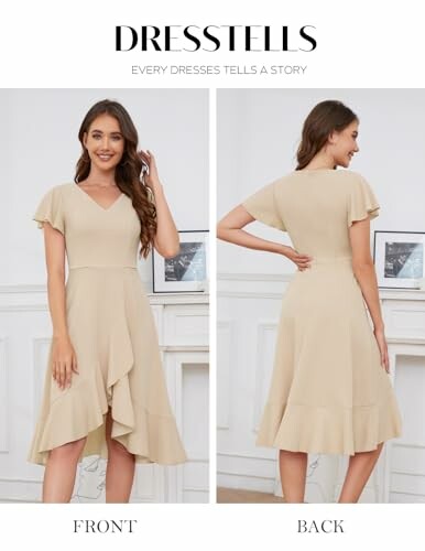 Front and back view of a beige dress with flutter sleeves