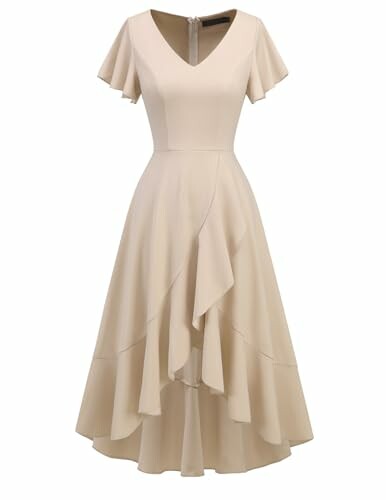 Elegant beige dress with V-neck and ruffled hem