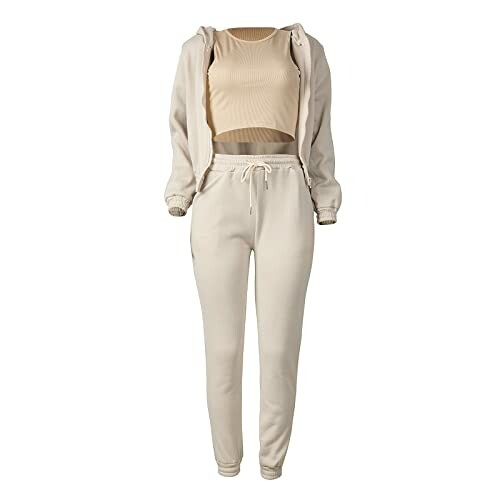 Beige loungewear set with hoodie, crop top, and joggers