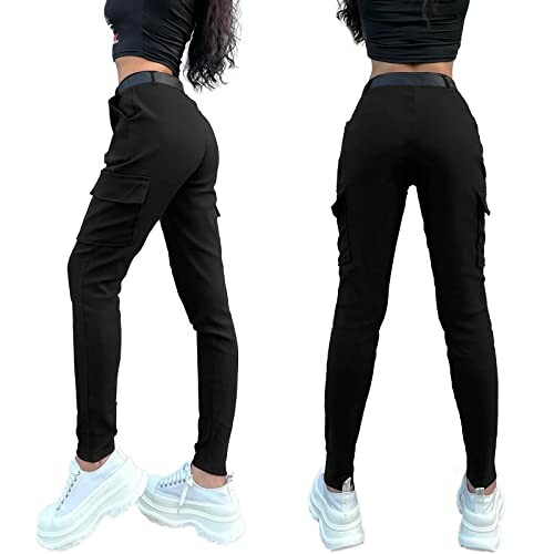 Black cargo jogger pants with side pockets, shown from side and back views.