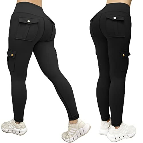 Two views of black leggings with cargo pockets and white sneakers.