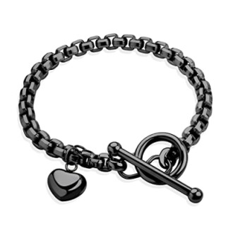 Black chain bracelet with heart charm and toggle clasp.