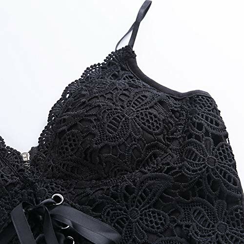 Close-up of a black lace bodysuit on a white background.