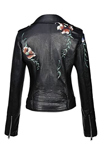 Back view of black leather jacket with floral embroidery