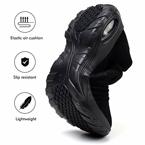 Black sneaker with elastic air cushion, slip resistant sole, and lightweight design.