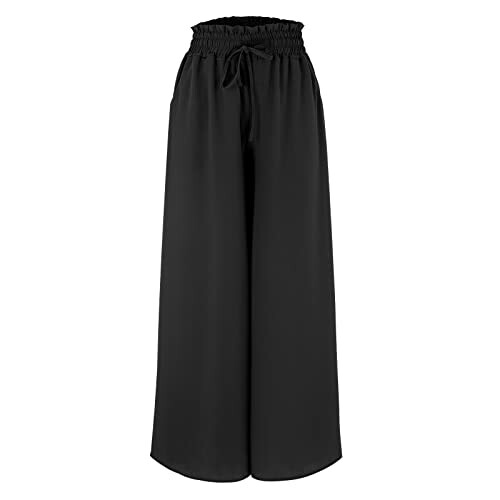 Black wide-leg pants with drawstring waist.