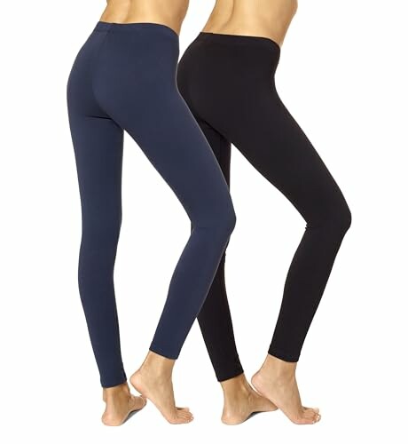 Two people wearing blue and black leggings, side view.
