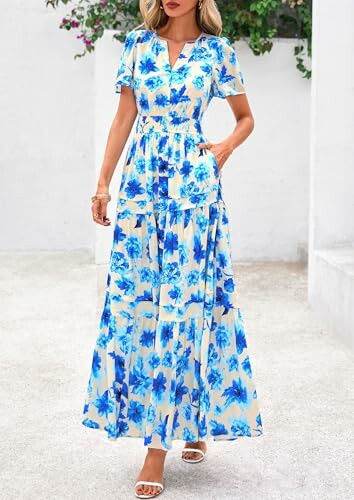 Woman wearing blue floral maxi dress