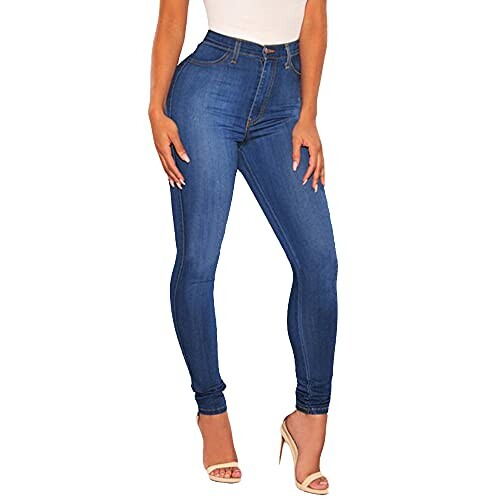 Person wearing blue high-waisted skinny jeans and heels