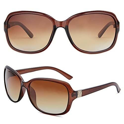 Brown gradient sunglasses with large lenses and side view.
