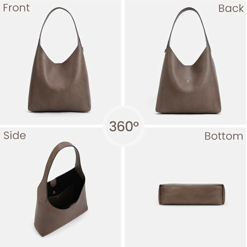 Brown leather tote bag shown from front, back, side, and bottom views.