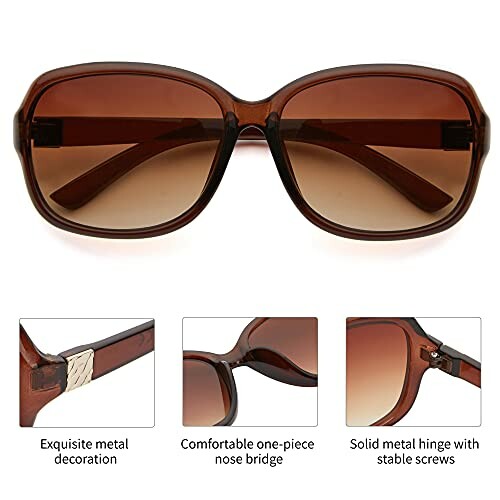 Brown sunglasses with metal decoration, one-piece nose bridge, and metal hinge details.
