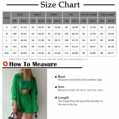 Clothing size chart and measurement guide.