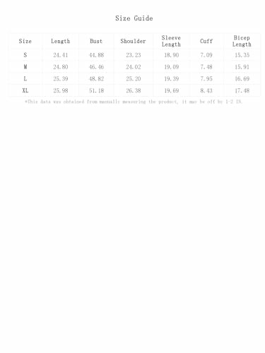 Clothing size guide chart with measurements for different sizes.