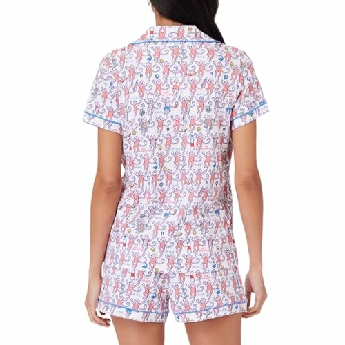Back view of person wearing colorful patterned pajamas