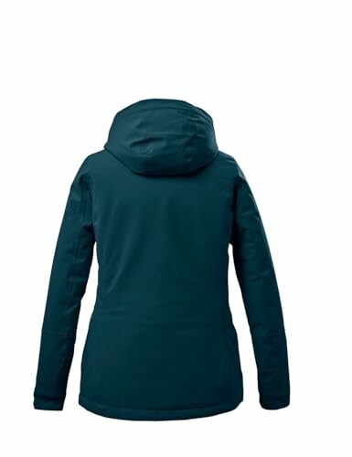 Back view of a dark green winter jacket with hood.