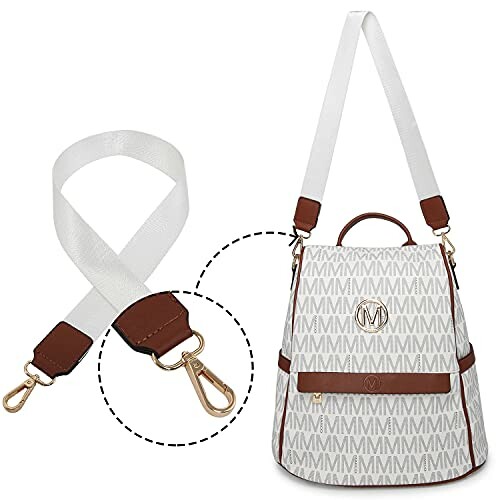 White designer handbag with brown accents and detachable strap.