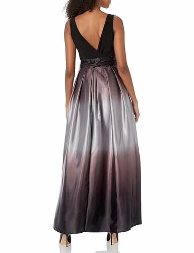 Woman in a black and gradient satin evening gown.