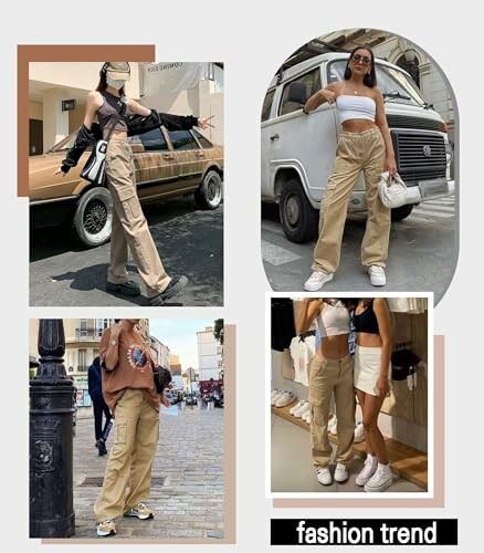 Woman wearing Breampot Womens Cargo Trousers in various poses, with a cityscape in the background.