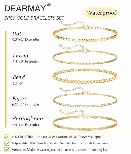 5-piece gold bracelet set with adjustable extenders.