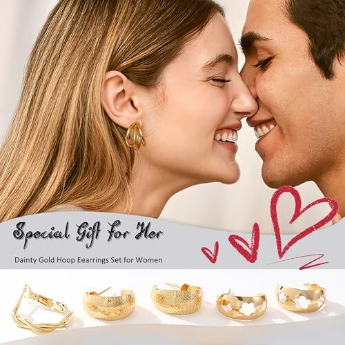 Couple smiling with gold hoop earrings set displayed below.