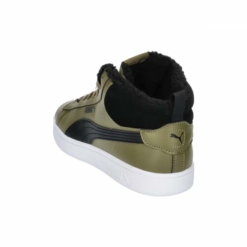 Green and black high-top sneaker with white sole.