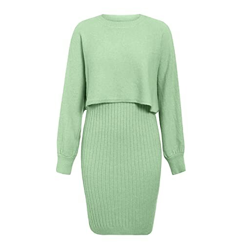 Green knit dress with long sleeves and ribbed skirt.