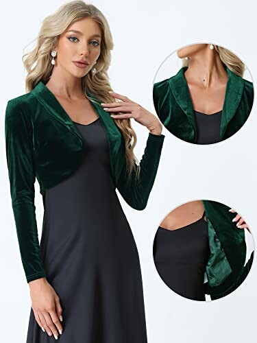 Woman wearing a green velvet bolero jacket over a black dress