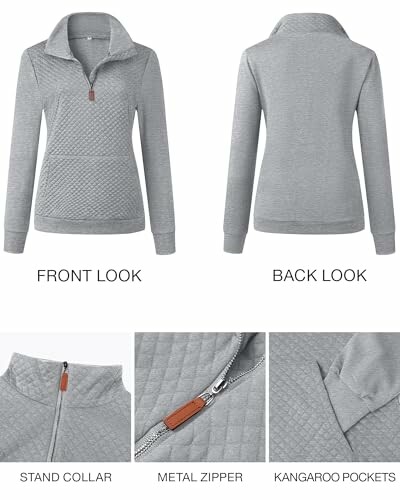 Front and back view of grey quilted pullover with stand collar, metal zipper, and kangaroo pockets.