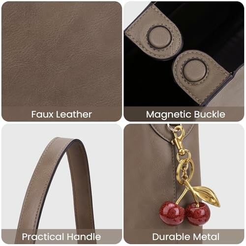 Handbag details showing faux leather, magnetic buckle, practical handle, and durable metal charm.