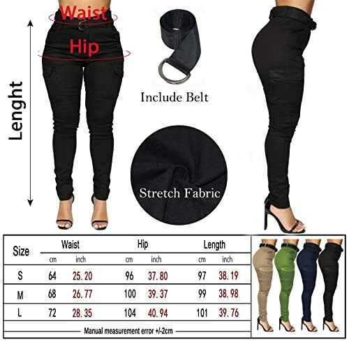 Women's high-waisted stretch jeans with belt, shown in multiple colors and sizes.