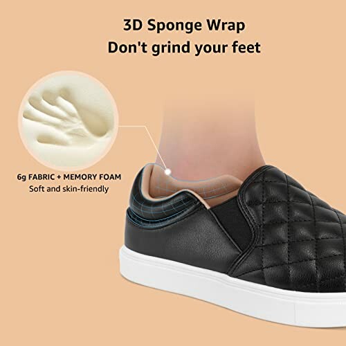 Slip-on shoe with 3D sponge wrap and memory foam for comfort.