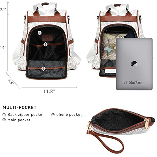 Backpack with multiple pockets and laptop compartment.
