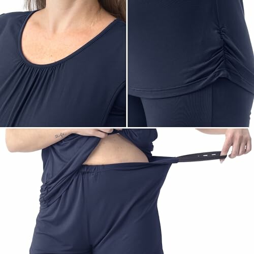 Navy maternity pajamas with adjustable waistband and ruching details.