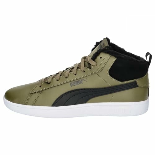 Olive green high-top sneaker with black logo and white sole.