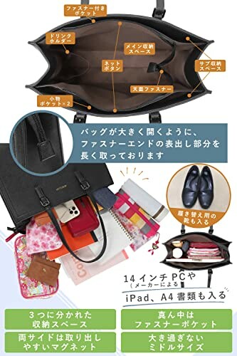 Open handbag showing organized interior compartments with various items.