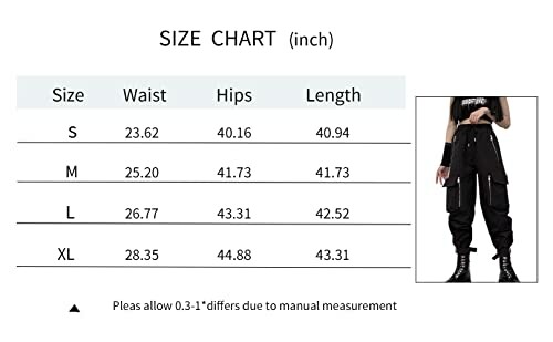 Pants size chart with measurements for sizes S to XL.