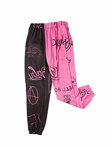 Two-tone pink and black sweatpants with graffiti designs.