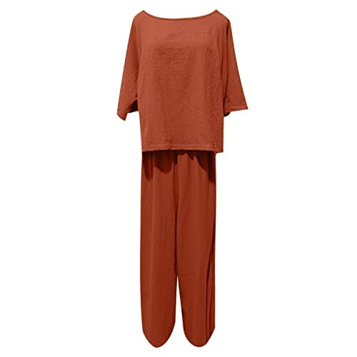 Rust-colored lounge set with wide-leg pants and loose top.