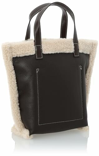 Black leather tote bag with shearling trim and handles