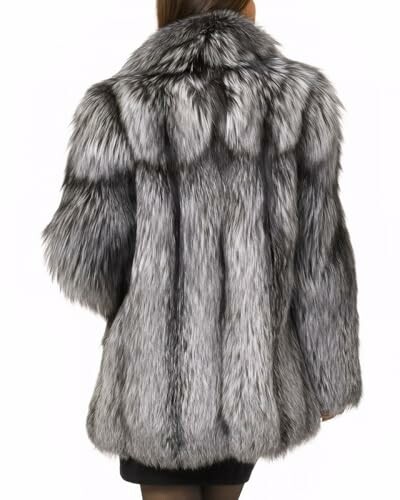 Back view of a person wearing a silver fox fur coat