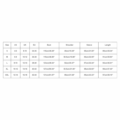 Clothing size chart showing measurements for US, UK, EU sizes, bust, shoulder, sleeve, and length.