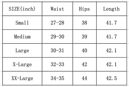 Clothing size chart with measurements for waist, hips, and length
