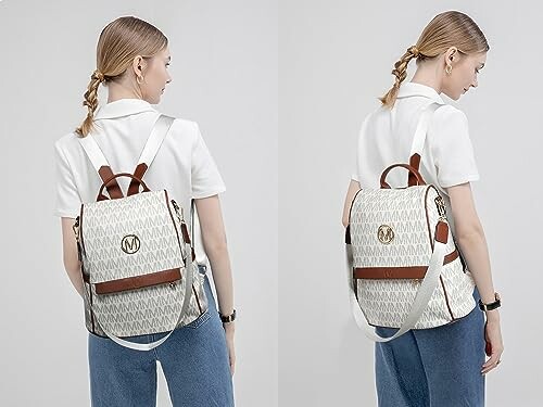 Woman wearing a stylish white and brown backpack with monogram design