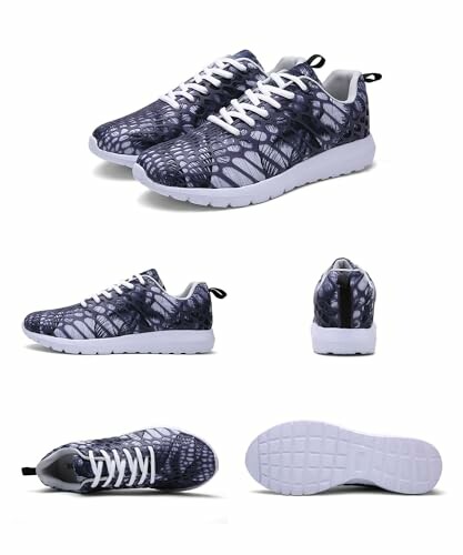 Stylish black and white sneakers shown from multiple angles.