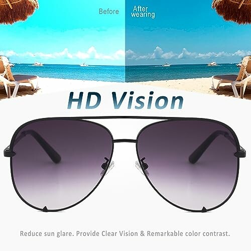 Sunglasses showing before and after vision clarity on a beach.