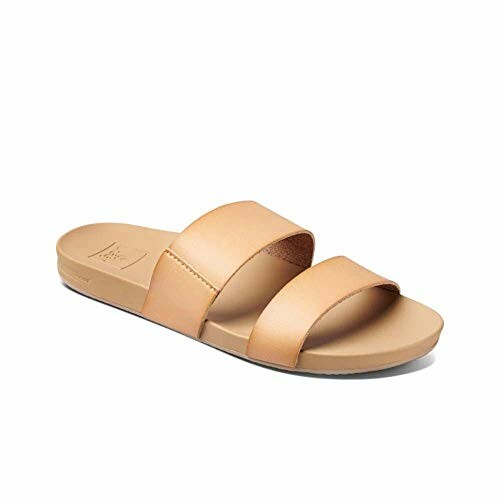 Tan leather slide sandals with two straps.