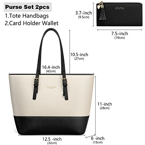 Purse set with tote handbag and card holder wallet, dimensions displayed.